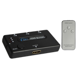 3 Port HDMI Switch Hub With Remote Control - a black rectangular switch with three input ports, one output port, and a silver remote control.