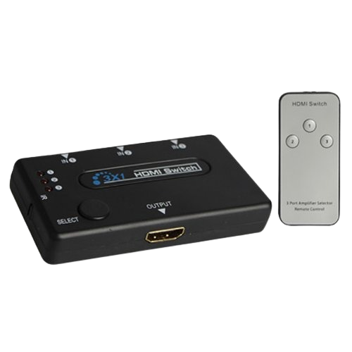 3 Port HDMI Switch Hub With Remote Control - a black rectangular switch with three input ports, one output port, and a silver remote control.