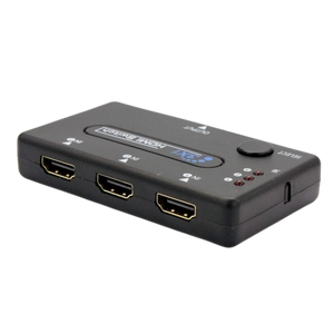 3 Port HDMI Switch Hub With Remote Control - shown as a black, rectangular device with three HDMI input ports, a select button, and indicator lights.