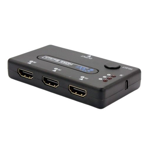 3 Port HDMI Switch Hub With Remote Control - shown as a black, rectangular device with three HDMI input ports, a select button, and indicator lights.