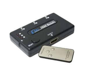 3 Port HDMI Switch Hub With Remote Control - shown as a black rectangular device with three input ports, one output port, a select button, and a remote.