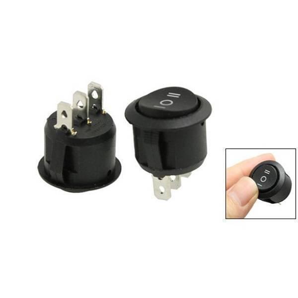 3 Position On/off/on Round Rocker Switch Circular Black For Car Motorcycle Boat - two black circular switches with three metal terminals and an inset hand holding one switch.