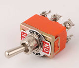 3 Position On Off On Screw Terminal Toggle Switch 6 Pin Pakistan - an orange toggle switch with a metal lever, a mounting plate labeled ON-OFF-ON, and six screws.
