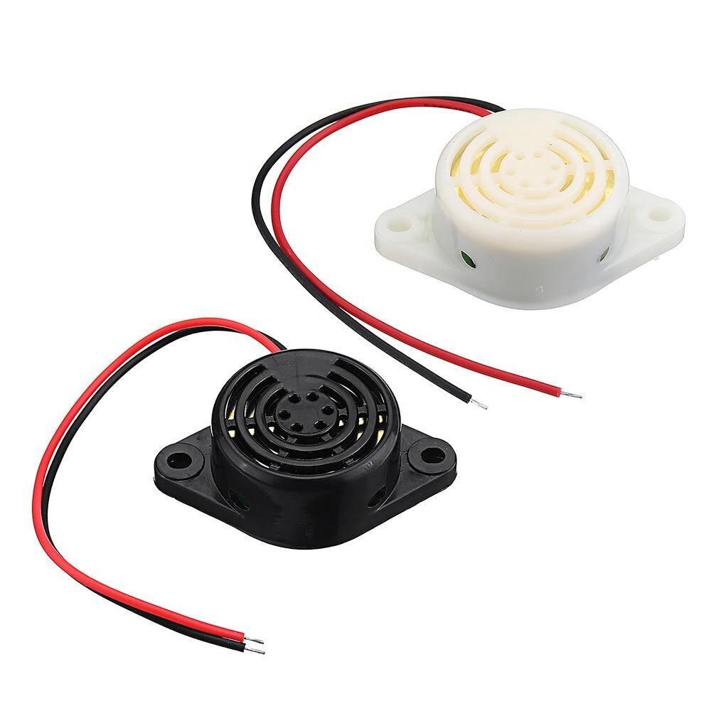 3 To 24V Electronic Buzzer Beep Alarm Sfm-27 - shown as two units, one in black and one in white, each with two mounting holes and red and black wires.