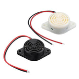 3 To 24V Electronic Buzzer Beep Alarm Sfm-27 - shown as two units, one in black and one in white, each with two mounting holes and red and black wires.