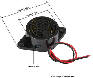 3 To 24V Electronic Buzzer Beep Alarm Sfm-27 - shown with dimension labels, featuring a black circular housing with two wires and mounting holes.