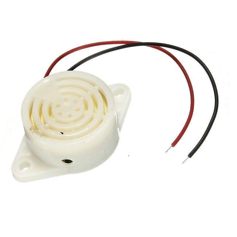 3 To 24V Electronic Buzzer Beep Alarm Sfm-27 - a white, circular electronic buzzer with two mounting holes and red and black wire leads.