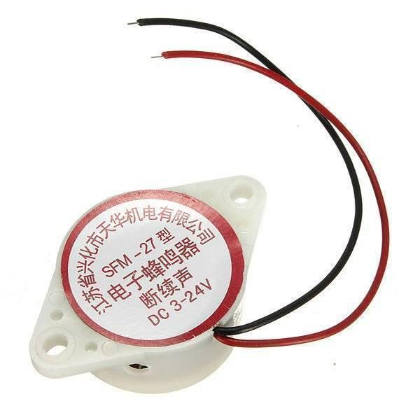 3 To 24V Electronic Buzzer Beep Alarm Sfm-27 - a white, circular buzzer with a red label and two attached red and black wires.
