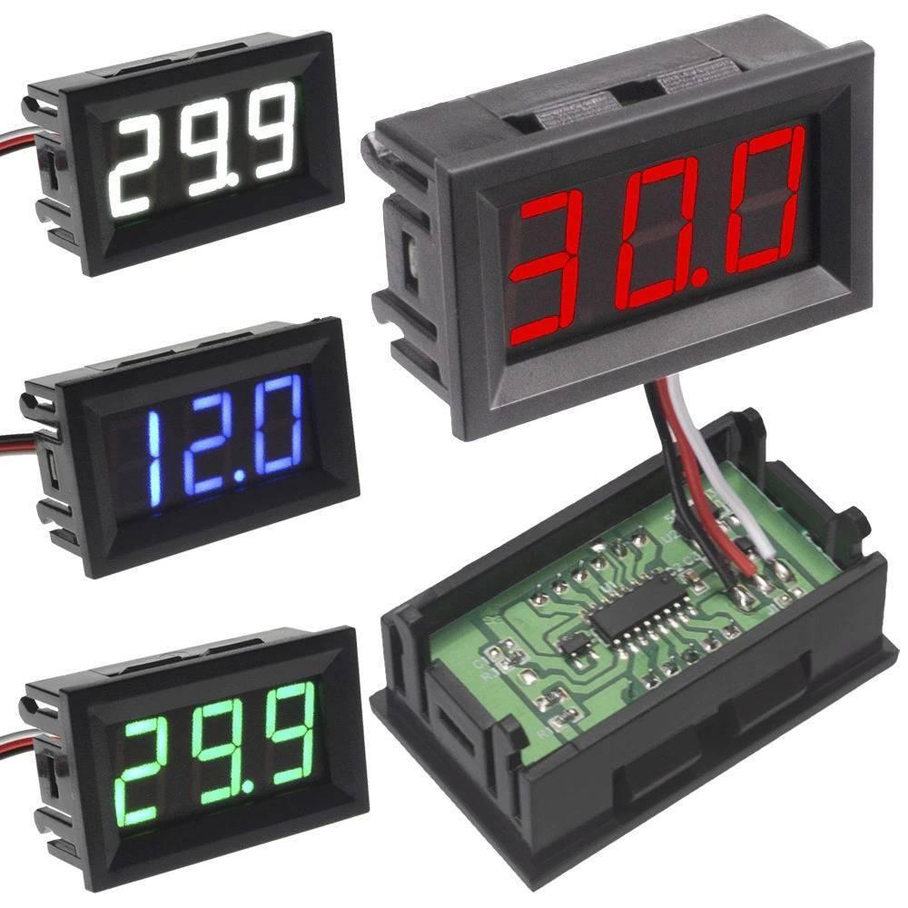3 Wire 0-100V Red LED Digital Voltmeter Module Panel Meter - shown in white, red, blue, and green LED display versions with a rear view of the circuit board.
