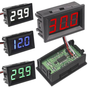 3 Wire 0-100V Red LED Digital Voltmeter Module Panel Meter - shown in white, red, blue, and green LED display versions with a rear view of the circuit board.