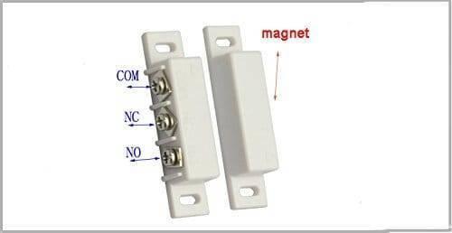 3 Wire No Nc Magnetic Reed Sensor Signal Switch For Door Access Control - two white plastic components, one with three screw terminals labeled COM, NC, and NO.