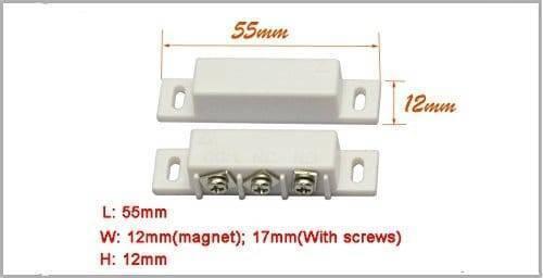 3 Wire No Nc Magnetic Reed Sensor Signal Switch For Door Access Control - shown as a white two-piece unit with dimensions and three screw terminals in a technical diagram.