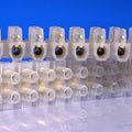 30 Amp Connector Strip, 12 Way PVC - shown as a translucent white plastic block with twelve metal screw terminals, arranged in two stacked rows.