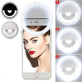 30 LED Selfie Ring Light USB Rechargeable Clip On Cell Phone Camera Light - a white circular clip-on light attached to a smartphone, with three numbered panels demonstrating varying brightness levels.