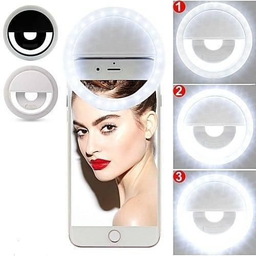 30 LED Selfie Ring Light USB Rechargeable Clip On Cell Phone Camera Light - a white circular clip-on light attached to a smartphone, with three numbered panels demonstrating varying brightness levels.