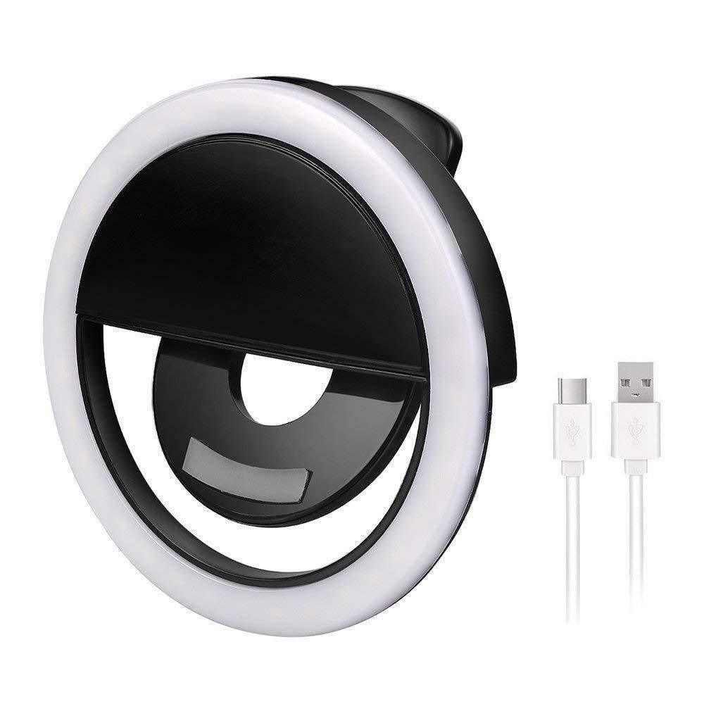 30 LED Selfie Ring Light USB Rechargeable Clip On Cell Phone Camera Light - a black circular clip-on light with a white ring and a USB cable.
