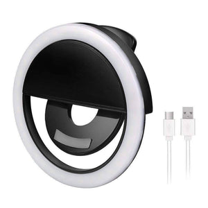 30 LED Selfie Ring Light USB Rechargeable Clip On Cell Phone Camera Light - a black circular clip-on light with a white ring and a USB cable.