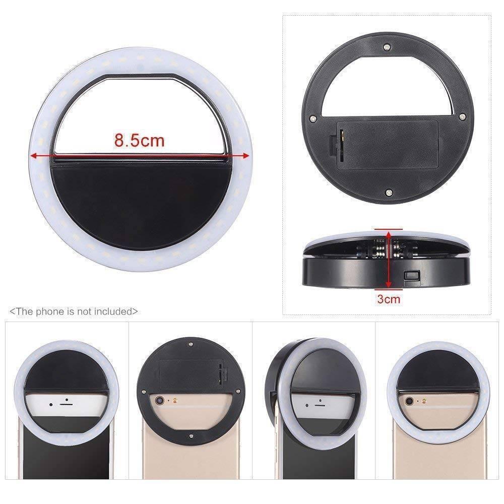 30 LED Selfie Ring Light USB Rechargeable Clip On Cell Phone Camera Light - dimensions, back view, clip mechanism, and usage on a smartphone.