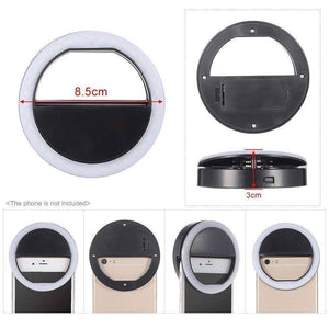 30 LED Selfie Ring Light USB Rechargeable Clip On Cell Phone Camera Light - dimensions, back view, clip mechanism, and usage on a smartphone.
