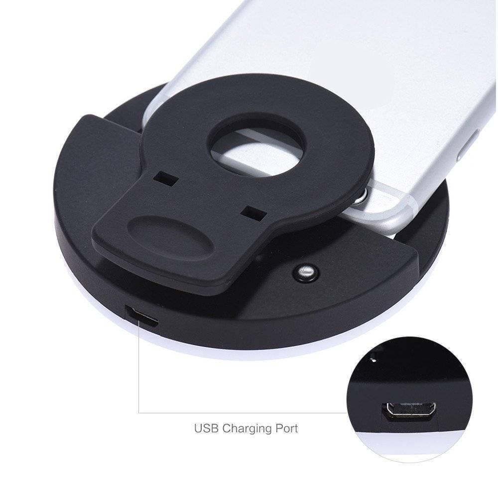30 LED Selfie Ring Light USB Rechargeable Clip On Cell Phone Camera Light - a black circular clip-on light attached to a smartphone, with a close-up inset showing the micro-USB charging port.