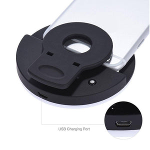30 LED Selfie Ring Light USB Rechargeable Clip On Cell Phone Camera Light - a black circular clip-on light attached to a smartphone, with a close-up inset showing the micro-USB charging port.