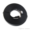 30 Meter HDMI To HDMI - cable coiled in a black circle with two black connectors featuring white protective caps on each end.
