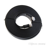 30 Meter HDMI To HDMI - cable coiled in a black circle with two black connectors featuring white protective caps on each end.