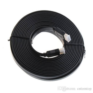 30 Meter HDMI To HDMI - cable coiled in a black circle with two black connectors featuring white protective caps on each end.