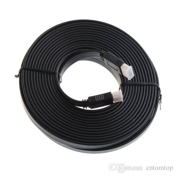 30 Meter HDMI To HDMI - cable coiled in a black circle with two black connectors featuring white protective caps on each end.