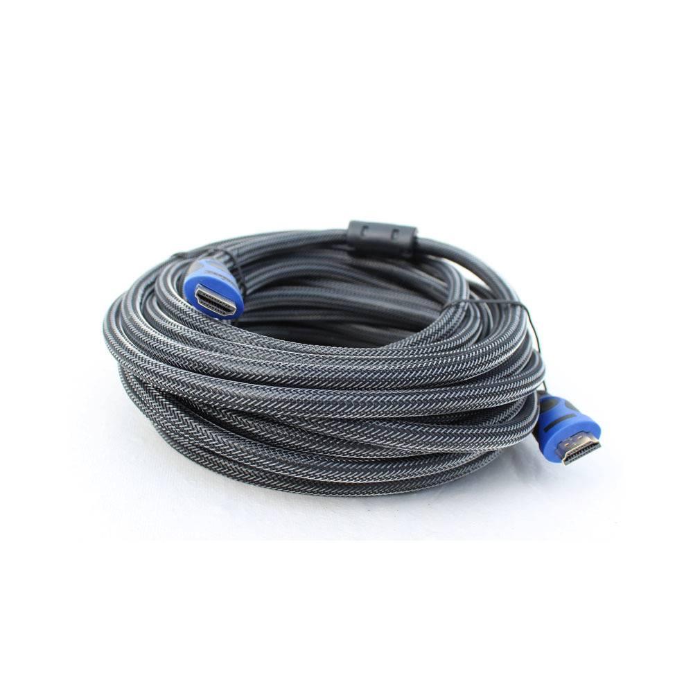 30 Meter HDMI To HDMI - cable coiled in a circle, featuring a black braided exterior and blue connector heads at both ends with a black ferrite bead.