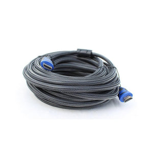 30 Meter HDMI To HDMI - cable coiled in a circle, featuring a black braided exterior and blue connector heads at both ends with a black ferrite bead.