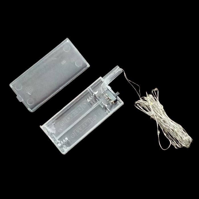 30 Pcs Colorful LED Line With AA Cell Holder - a clear plastic battery case for two AA batteries with an attached string of LED lights and a switch.