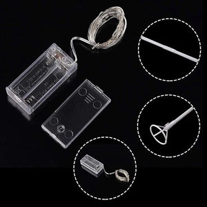 30 Pcs Colorful LED Line With AA Cell Holder - a clear plastic battery box, a coiled LED wire, and white plastic balloon stick accessories.