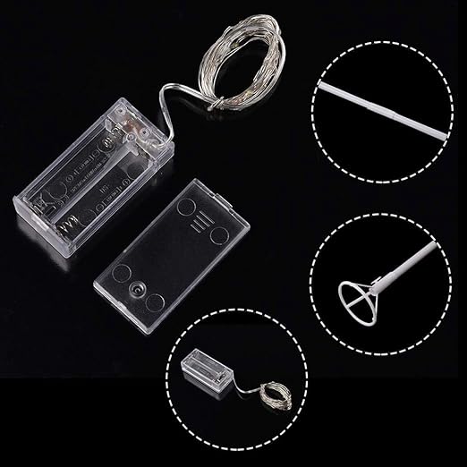 30 Pcs Colorful LED Line With AA Cell Holder - a clear plastic battery box, a coiled LED wire, and white plastic balloon stick accessories.