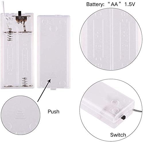 30 Pcs Colorful LED Line With AA Cell Holder - a clear plastic battery case with an on-off switch, a sliding cover, and magnified detail views.