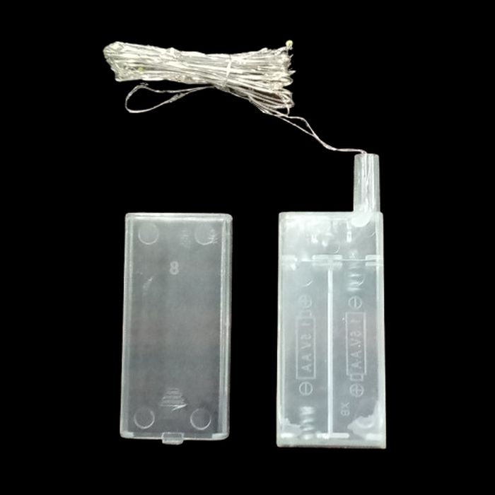 30 Pcs Colorful LED Line With AA Cell Holder - a coiled string of LED lights attached to a clear plastic battery pack with its detachable cover.