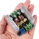 300W 20A Adjustable DC-DC Step Down Buck Converter Voltage Regulator Power Supply Module - two large aluminum heatsinks, green screw terminals, and blue potentiometers.