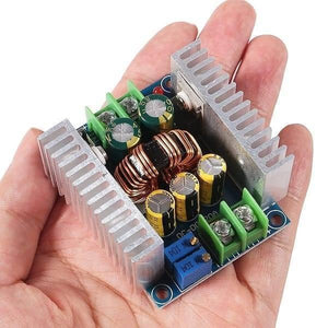 300W 20A Adjustable DC-DC Step Down Buck Converter Voltage Regulator Power Supply Module - two large aluminum heatsinks, green screw terminals, and blue potentiometers.