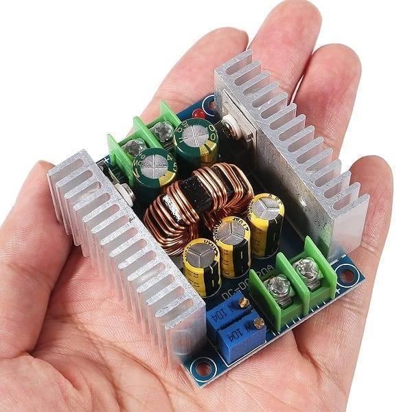 300W 20A Adjustable DC-DC Step Down Buck Converter Voltage Regulator Power Supply Module - two large aluminum heatsinks, green screw terminals, and blue potentiometers.