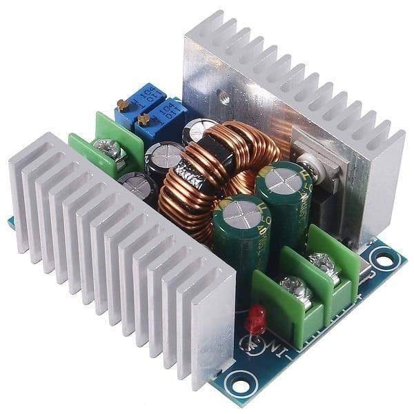 300W 20A Adjustable DC-DC Step Down Buck Converter Voltage Regulator Power Supply Module - with two silver heatsinks, a copper inductor, green screw terminals, and blue potentiometers.