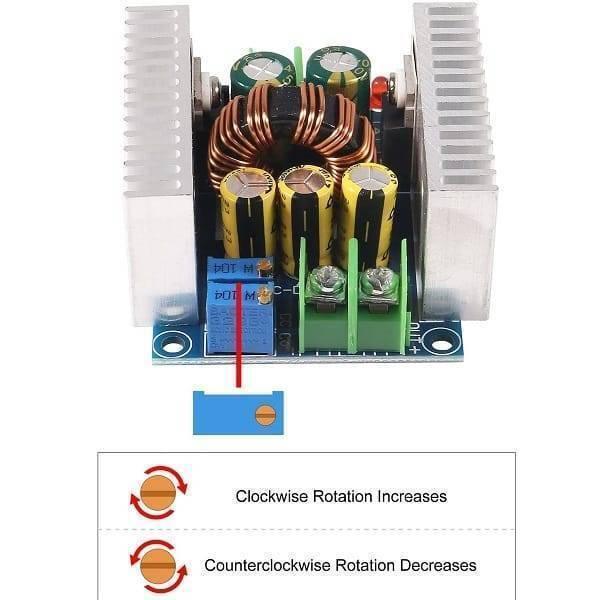 300W 20A Adjustable DC-DC Step Down Buck Converter Voltage Regulator Power Supply Module - a blue circuit board with two heatsinks, capacitors, a coil, and a diagram of adjustment knobs.