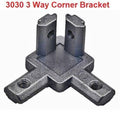 3030 Size 3 Way End Corner Bracket Connector For t Slot Aluminum Extrusion Profile 3030 - a grey, three-pronged metal connector for aluminum profiles featuring four visible threaded holes.