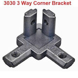 3030 Size 3 Way End Corner Bracket Connector For t Slot Aluminum Extrusion Profile 3030 - a grey, three-pronged metal connector for aluminum profiles featuring four visible threaded holes.