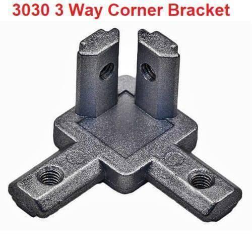 3030 Size 3 Way End Corner Bracket Connector For t Slot Aluminum Extrusion Profile 3030 - a grey, three-pronged metal connector for aluminum profiles featuring four visible threaded holes.