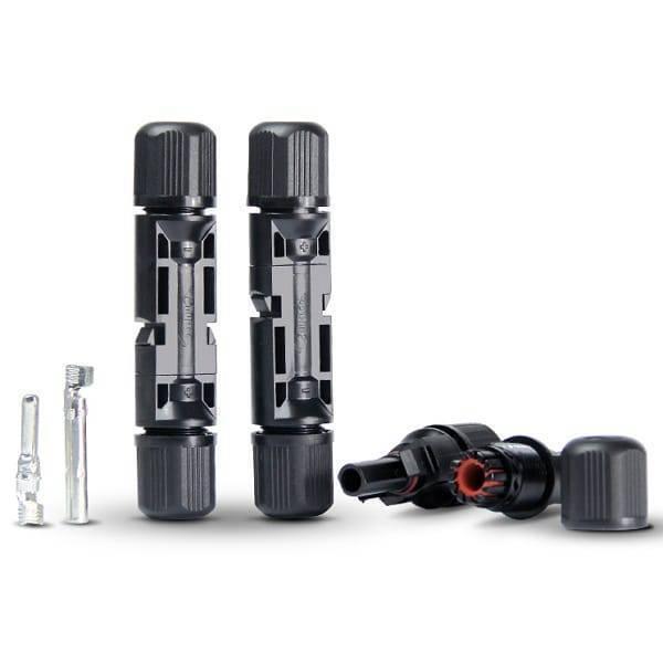 30A 1000V Male Female MC4 Connector For Solar Panel DC Wire Cable - two assembled black connector housings, two metal pins, and two disassembled parts.