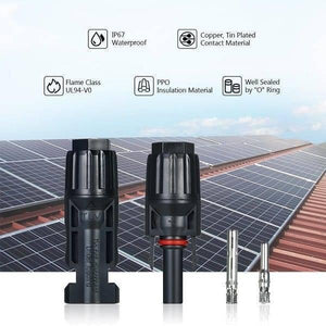 30A 1000V Male Female MC4 Connector For Solar Panel DC Wire Cable - a black male and female connector pair with two metal contact pins against a solar roof.