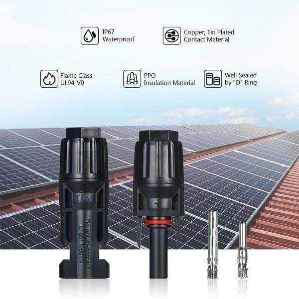 30A 1000V Male Female MC4 Connector For Solar Panel DC Wire Cable - a black male and female connector pair with two metal contact pins against a solar roof.