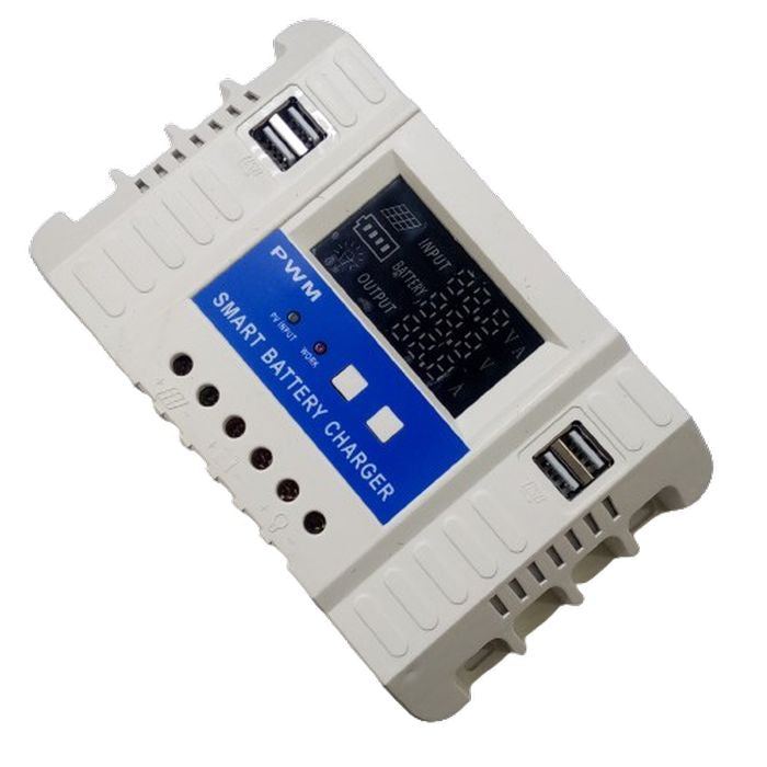 30A 12V/24V LCD Solar Panel Regulator Generator Charge Charging Controller CM3024Z - a white rectangular device with an LCD screen, two USB ports, terminal screw connectors, and status indicator lights.