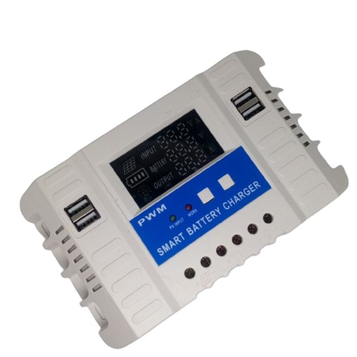 30A 12V/24V LCD Solar Panel Regulator Generator Charge Charging Controller CM3024Z - a white rectangular charge controller with a central LCD screen, four USB ports, and screw terminals.