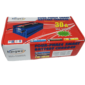 30A 12V Battery Charger Ma-1230 - shown in its blue and white branded cardboard packaging box featuring a picture of the device with a front display.
